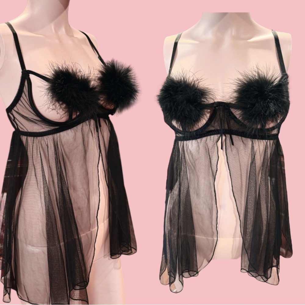 Vintage Frederick’s of Hollywood black marabou and sheer nightie